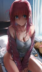 Rule 34 | 1girl, bare shoulders, bed, blue eyes, blush, bocchi the rock!, bottomless, breasts, cleavage, closed mouth, collarbone, curtains, eyes visible through hair, flying sweatdrops, gitao, gotoh hitori, grey tank top, hair between eyes, hews, highres, indoors, jacket, large breasts, long hair, long sleeves, looking at viewer, messy hair, open clothes, open jacket, pillow, pink hair, pink jacket, red hair, sitting, solo, sunlight, sweat, tank top, thighs, track jacket, wariza