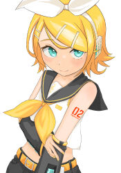 Rule 34 | 1girl, absurdres, aqua eyes, bare shoulders, belt, black shorts, blonde hair, bow, closed mouth, collarbone, detached sleeves, hair bow, hair ornament, hairclip, headset, highres, izki, kagamine rin, looking at viewer, medium hair, midriff, neckerchief, number tattoo, sailor collar, shorts, simple background, smile, solo, swept bangs, tattoo, upper body, vocaloid, white background, yellow nails, yellow neckerchief