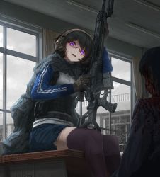 Rule 34 | 1boy, 1girl, bipod, black hair, blood, buckle, cape, commentary, corpse, crazy smile, death, desk, glasses, gloves, gun, guro, headset, highres, holding, holding gun, holding weapon, indoors, jacket, looking at viewer, original, purple eyes, rain, rifle, school desk, scope, semi-rimless eyewear, short hair, sitting, smile, snap-fit buckle, sniper rifle, striped clothes, striped jacket, thighhighs, tom-neko (zamudo akiyuki), track jacket, weapon, weapon request, wet, wet clothes, window