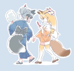 Rule 34 | 10s, 2girls, adapted costume, alternate hairstyle, animal ears, check commentary, commentary request, cotton candy, ezo red fox (kemono friends), fox ears, fox tail, full body, holding hands, japanese clothes, kemono friends, kimono, mitsumoto jouji, multicolored hair, multiple girls, orange hair, sandals, silver fox (kemono friends), tail, thighhighs, white hair, yukata