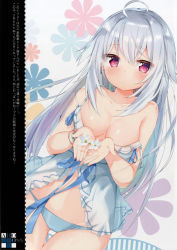 Rule 34 | 1girl, ahoge, babydoll, bare shoulders, blue panties, blush, bracelet, breasts, closed mouth, collarbone, cowboy shot, cupping hands, dutch angle, expressionless, flower, highres, holding, jewelry, kamioka shun&#039;ya, lingerie, long hair, looking at viewer, medium breasts, negligee, off shoulder, original, own hands together, panties, purple eyes, shiny skin, shiori (kamioka shun&#039;ya), silver hair, simple background, solo, strap slip, thigh gap, thighs, underwear, underwear only