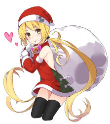 Rule 34 | 10s, 1girl, :p, bare shoulders, black thighhighs, blonde hair, breasts, cropped legs, detached sleeves, gloves, hat, heart, highres, kantai collection, long hair, max melon, sack, santa costume, santa hat, satsuki (kancolle), sideboob, skirt, small breasts, smile, solo, thighhighs, tongue, tongue out, twintails, very long hair, white background, yellow eyes