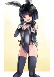Rule 34 | 1girl, animal ears, black gloves, black hair, black leotard, black thighhighs, blunt bangs, blush, border, bow, bowtie, breasts, brown eyes, covered navel, elbow gloves, fake animal ears, gloves, gluteal fold, gradient background, highres, kouno hikaru, leotard, looking at viewer, open mouth, outside border, playboy bunny, rabbit ears, rabbit tail, short hair, side-tie leotard, small breasts, solo, strapless, strapless leotard, tail, thighhighs, white border, wrist cuffs