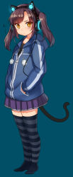 Rule 34 | 1girl, animal ear headphones, animal ears, aqua background, axent wear, bad id, bad pixiv id, blue background, blush, brown eyes, brown hair, cat ear headphones, cat tail, fake animal ears, full body, glowing, hands in pockets, headphones, hood, hooded track jacket, jacket, looking at viewer, mokyu (kukoudesu), no shoes, original, pleated skirt, pom pom (clothes), simple background, skirt, slit pupils, solo, standing, striped clothes, striped thighhighs, tail, thighhighs, track jacket, twintails, zettai ryouiki
