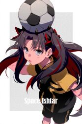 Rule 34 | 1girl, ball, black hair, black shirt, black shorts, breasts, character name, echo (circa), fate/grand order, fate (series), glaze artifacts, grey eyes, horns, ishtar (fate), long hair, looking at viewer, medium breasts, multicolored hair, open mouth, parted bangs, red hair, shirt, short sleeves, shorts, soccer ball, soccer uniform, solo, space ishtar (fate), sportswear, two-tone hair, two side up, yellow shirt