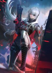 Rule 34 | 0bsessi0n, 12-gauge, 1girl, ammunition, benelli m4 super 90, boots, closed mouth, combat shotgun, commentary request, evelyn (neural cloud), expressionless, eyepatch, full body, girls&#039; frontline neural cloud, gloves, grey hair, gun, handgun, highres, holding, holding gun, holding weapon, knee pads, long hair, looking at viewer, m1014, pistol, red eyes, red gloves, semi-automatic shotgun, shield, shotgun, shotgun shell, solo, weapon