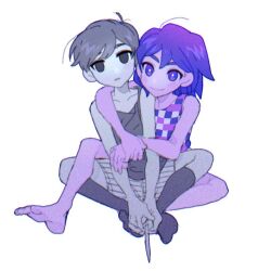 Rule 34 | 2boys, antenna hair, bare arms, barefoot, black eyes, bright pupils, checkered clothes, checkered shirt, closed mouth, collarbone, colored skin, elbow on another&#039;s shoulder, feet, full body, grey hair, grey shorts, grey socks, grey tank top, hair behind ear, hand on own wrist, holding, holding knife, hug, kel (headspace) (omori), kel (omori), kneehighs, knees apart feet together, knife, leg on another&#039;s leg, looking at viewer, multiple boys, no nose, no pupils, no shoes, omori, omori (omori), own hands together, parted lips, purple eyes, purple hair, purple skin, purple tank top, shirt, short hair, shorts, sitting, smile, socks, tank top, thxzmgn, v arms, white background, white pupils, white shorts, white skin, white tank top