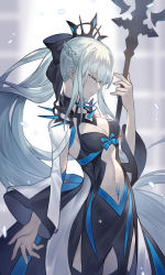 Rule 34 | 1girl, absurdres, black bow, black dress, blue eyes, blurry, blurry background, bow, braid, breasts, center opening, cleavage, closed mouth, commentary, depth of field, dress, fate/grand order, fate (series), hair between eyes, hair bow, highres, holding, long hair, long sleeves, looking away, medium breasts, morgan le fay (fate), navel, ponytail, silver hair, sin (btc86amme), solo, very long hair, wide sleeves