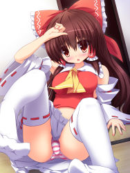 Rule 34 | 1girl, absurdres, arm up, ascot, blush, bow, brown eyes, brown hair, detached sleeves, hair bow, hair tubes, hakurei reimu, highres, liya, long hair, long sleeves, midriff, no shoes, open mouth, outstretched foot, panties, pantyshot, shirt, sitting, skirt, solo, striped clothes, striped panties, tatami, thighhighs, touhou, underwear, upskirt, very long hair, white thighhighs, wide sleeves