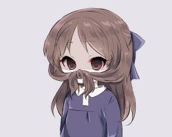 Rule 34 | 1girl, blue bow, blue shirt, bow, brown eyes, brown hair, collared shirt, commentary request, empty eyes, fake facial hair, fake mustache, grey background, hair bow, idolmaster, idolmaster cinderella girls, long hair, looking away, prank, shaded face, shirt, simple background, solo, tachibana arisu, upper body, yumeno (rubbercup)