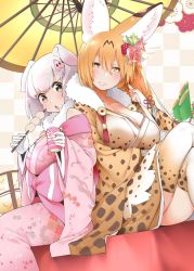Rule 34 | 10s, 2girls, adapted costume, alternate hair length, alternate hairstyle, animal ear fluff, animal ears, black eyes, blonde hair, breasts, bridal gauntlets, can, chinese zodiac, commentary request, dango, food, fur collar, gloves, hair between eyes, hayashi (l8poushou), highres, japanese clothes, kemono friends, kimono, large breasts, crossed legs, long hair, looking at viewer, multiple girls, oil-paper umbrella, aged up, open mouth, parted lips, pig (kemono friends), pig ears, print kimono, print legwear, serval (kemono friends), serval print, sitting, smile, thighhighs, umbrella, wagashi, white gloves, white hair, wide sleeves, year of the pig, yellow eyes