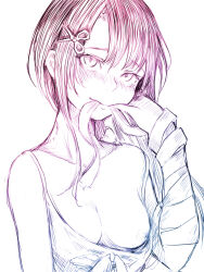 Rule 34 | 1girl, bandage in mouth, bandaged arm, bandages, breasts, camisole, cleavage, collarbone, commentary request, disorder!, highres, long hair, looking at viewer, medium breasts, medium hair, monochrome, nipples, original, scissors hair ornament, sidelocks, simple background, solo, spaghetti strap, upper body, wardrobe malfunction, white background