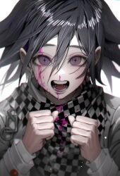 1boy black_hair blood blood_on_clothes blood_on_face checkered_clothes checkered_scarf clenched_hand commentary danganronpa_(series) danganronpa_v3:_killing_harmony hair_between_eyes hands_up highres korean_commentary layered_sleeves looking_at_viewer male_focus nosebleed oma_kokichi open_mouth patterned_clothing pink_blood purple_eyes saliva scarf simple_background solo ssxssss_848 star-shaped_pupils star_(symbol) straight-on straitjacket symbol-shaped_pupils teeth tongue upper_body white_background