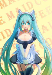 Rule 34 | 1girl, alternate costume, apron, aqua hair, black dress, black thighhighs, blonde hair, blue eyes, blue hair, breasts, cleavage, dress, enmaided, female focus, garter straps, gradient hair, hair between eyes, huayue, large breasts, league of legends, long hair, looking at viewer, maid, maid apron, maid headdress, matching hair/eyes, multicolored hair, puffy short sleeves, puffy sleeves, short dress, short sleeves, simple background, solo, sona (league of legends), thighhighs, twintails, v arms, very long hair, waist apron, wavy mouth, zettai ryouiki