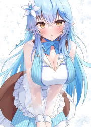 Rule 34 | 1girl, :o, absurdres, apron, blue hair, blush, bow, bowtie, breasts, cleavage, crossed bangs, dress, flower, frilled apron, frills, hair between eyes, hair flower, hair ornament, half updo, highres, hololive, large breasts, leaning forward, long hair, long sleeves, onabe no shime, open mouth, orange eyes, pinstripe dress, pinstripe pattern, pointy ears, see-through, see-through sleeves, sidelocks, simple background, snowflake background, solo, striped, v arms, very long hair, virtual youtuber, yellow eyes, yukihana lamy