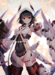 Rule 34 | 1girl, agatsuma kaede, alice gear aegis, armor, backlighting, black hair, black leotard, blue eyes, blunt bangs, breasts, brown gloves, closed mouth, commentary request, covered navel, doyouwantto, electricity, gloves, hand up, highres, hood, hood up, legs apart, leotard, light particles, looking at viewer, machinery, medium breasts, medium hair, shiny clothes, shiny skin, smile, solo, sparkle, standing, sword, thighhighs, tsurime, weapon, white thighhighs