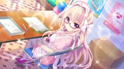 Rule 34 | 1girl, ahoge, balloon, bespectacled, blonde hair, blue eyes, bow, box, breasts, button gap, cardboard box, chair, cleavage, clipboard, closed mouth, dress, film grain, folding chair, from above, game cg, glasses, hair intakes, hands on own legs, hat, indoors, izumi tsubasu, lens flare, long braid, long hair, looking at viewer, looking to the side, medium breasts, mole, mole under each eye, mole under eye, multiple moles, non-web source, nurse cap, official art, on chair, pen, pink dress, poster (object), purple-framed eyewear, purple footwear, re:stage!, red bow, semi-rimless eyewear, shiratori amaha (re:stage!), shoes, sitting, smile, solo, sparkle, striped clothes, striped thighhighs, table, thighhighs, tile floor, tiles, vertical-striped clothes, vertical-striped thighhighs, white bow, white thighhighs, wooden table, zettai ryouiki