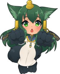 Rule 34 | 1girl, :o, alternate costume, animal ears, animal hands, anubis (monster girl encyclopedia), barefoot, blush, chestnut mouth, chibi, dark green hair, egyptian, fang, fewer digits, full body, green eyes, green hair, hair ornament, highres, jewelry, long hair, looking at viewer, monster girl, monster girl encyclopedia, nashirasauce, necklace, open mouth, robe, snake hair ornament, solo, standing, tail, transparent background, usekh collar, wolf ears, wolf tail