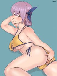 Rule 34 | 1girl, ass, ayane (doa), bikini, breasts, head rest, dead or alive, covered erect nipples, hair ribbon, large breasts, looking back, lying, on side, purple hair, red eyes, ribbon, side-tie bikini bottom, solo, swimsuit, tecmo, underboob, zenkou