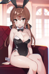 Rule 34 | 1girl, absurdres, alternate costume, animal ears, bare legs, black bow, black leotard, blush, bow, bowtie, breasts, brown eyes, brown hair, couch, day, detached collar, fake animal ears, fathom, hair bow, hair ornament, hairclip, highres, indoors, kantai collection, leotard, long hair, looking at viewer, low twintails, medium breasts, open mouth, playboy bunny, rabbit ears, side-tie leotard, sitting, smile, solo, star (symbol), strapless, strapless leotard, tashkent (kancolle), traditional bowtie, twintails, window, wrist cuffs