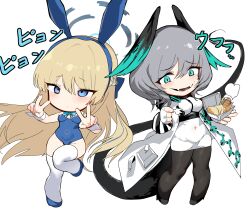 Rule 34 | 2girls, animal ears, arknights, blonde hair, blue archive, blue eyes, bow, breasts, chibi, coat, commentary request, double v, expressionless, fake animal ears, fangs, fingerless gloves, food, fork, gloves, grey hair, hair between eyes, hairband, halo, head wings, high heels, highres, ho&#039;olheyak (arknights), holding, holding fork, hot dog, kinbakuman, large breasts, leotard, long hair, long sleeves, medium breasts, multiple girls, navel, open mouth, pantyhose, playboy bunny, rabbit ears, skindentation, slit pupils, smile, tail, takeout container, thighhighs, toki (blue archive), toki (bunny) (blue archive), translation request, v, white coat, wings, wrist cuffs