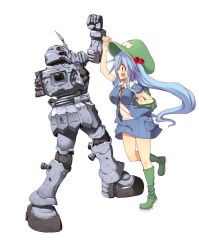 Rule 34 | 1girl, :d, backpack, bag, between breasts, blue eyes, blue hair, blush, boots, breasts, cabbie hat, collared shirt, crossover, damaged, green footwear, gundam, gundam ms igloo, hat, jacket, kawashiro nitori, key, kuresento, large hat, mecha, miniskirt, open mouth, real steel, robot, rubber boots, shirt, short hair with long locks, side ponytail, simple background, skirt, smile, strap between breasts, touhou, white background, zudah