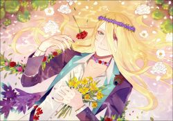 Rule 34 | 1boy, alternate hairstyle, blonde hair, bouquet, carnation, fate/grand order, fate (series), floating hair, flower, green eyes, hair down, head wreath, heterochromia, holding, holding bouquet, lily pad, long hair, lying, male focus, nail polish, partially submerged, purple eyes, rose, sindri, solo, white flower, white rose, wolfgang amadeus mozart (fate), wolfgang amadeus mozart (traveling outfit) (fate)