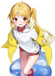 Rule 34 | 1girl, :d, black shorts, blonde hair, bocchi the rock!, braid, cloud, collared shirt, commentary request, drawstring, grey socks, highres, hood, hood down, hoodie, ijichi nijika, jacket, k mugura, long hair, long sleeves, looking at viewer, off shoulder, open clothes, open jacket, open mouth, puddle, rainbow, red eyes, red footwear, red shirt, ripples, shirt, shoes, short shorts, shorts, side ponytail, simple background, sleeves past wrists, smile, socks, solo, standing, standing on one leg, very long hair, water, white background, white hoodie, yellow jacket
