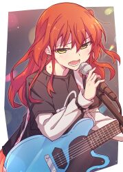 Rule 34 | 1girl, black shirt, blush, bocchi the rock!, brown eyes, e20, earrings, electric guitar, green eyes, guitar, hair between eyes, half-closed eyes, hand up, highres, holding, holding microphone, instrument, jewelry, kita ikuyo, long hair, microphone, microphone stand, one side up, open mouth, orange skirt, outside border, pleated skirt, red hair, shirt, short sleeves, skirt, solo, sweat