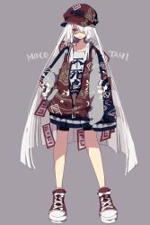 Rule 34 | 1girl, alternate costume, bike shorts, blunt bangs, bow, casual, clothes writing, contemporary, fujiwara no mokou, full body, grey background, hair bow, hair over one eye, hand in pocket, hat, highres, jacket, long hair, nikorashi-ka, print headwear, print jacket, red bow, red eyes, red footwear, red hat, red jacket, shirt, shoes, simple background, sleeves past fingers, sleeves past wrists, sneakers, solo, touhou, very long hair, white bow, white hair, white shirt, wide sleeves