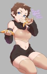 Rule 34 | 1girl, 2021, agawa ryou, banana, blue eyes, brown hair, brown thighhighs, commentary, dated, detached sleeves, english commentary, food, fruit, grey background, looking at viewer, navel, original, short hair, signature, simple background, solo, thighhighs