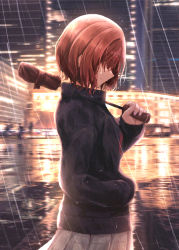 Rule 34 | 1girl, absurdres, black sweater, brown hair, building, city, city lights, closed mouth, closed umbrella, crying, crying with eyes open, eyes visible through hair, false smile, from side, grey skirt, hair ornament, hairclip, hand in pocket, highres, higuchi madoka, holding, holding umbrella, idolmaster, idolmaster shiny colors, long bangs, night, night sky, outdoors, plaid, plaid skirt, profile, purple eyes, reflection, reflective floor, reflective water, road, short hair, skirt, sky, smile, street, sweater, tears, tonguewasabi, umbrella, wet, wet clothes, wet hair