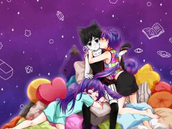 Rule 34 | 1girl, 2boys, animal ears, aubrey (headspace) (omori), aubrey (omori), bare shoulders, barefoot, black eyes, black hair, black shirt, black shorts, black socks, black tank top, blue dress, blush, book, bow, cat boy, cat ears, cat tail, closed eyes, closed mouth, collar, collarbone, commentary request, dog boy, dog ears, dog tail, dress, eggplant, expressionless, full body, gem, gem (symbol), hair between eyes, hair bow, hand on another&#039;s head, heart, heart-shaped pillow, holding, holding leash, kel (headspace) (omori), kel (omori), kemonomimi mode, kiss, kissing cheek, kneehighs, kneeling, leash, linglanjunying, long hair, looking at viewer, lying, mr. plantegg, multicolored clothes, multicolored shirt, multiple boys, omori, omori (omori), on stomach, open book, open mouth, pale skin, pillow, pink bow, planet, purple hair, purple sky, rabbit ears, rabbit girl, rabbit tail, red collar, shirt, short hair, short sleeves, shorts, sitting, sky, sleeveless, sleeveless shirt, socks, star (symbol), star-shaped pillow, swept bangs, tail, tank top, tongue, white shorts, yaoi
