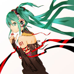 Rule 34 | 1girl, aqua eyes, aqua hair, bare shoulders, black gloves, bridal gauntlets, elbow gloves, finger to mouth, from side, gloves, hatsune miku, headphones, long hair, looking at viewer, ribbon, shushing, simple background, skullcandy, so-bin, solo, tattoo, twintails, upper body, very long hair, vocaloid, white background