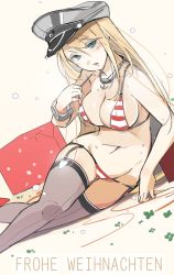 Rule 34 | 10s, 1girl, bad id, bad pixiv id, bikini, bismarck (kancolle), blonde hair, blue eyes, blush, breasts, christmas, cleavage, commentary, garter straps, german text, grey thighhighs, hat, highres, kantai collection, large breasts, long hair, military hat, navel, peaked cap, sakura sora, solo, swimsuit, thighhighs, translated