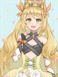 Rule 34 | 1girl, :d, bare shoulders, blonde hair, bow, butterfly hair ornament, celine (fire emblem), crown, detached sleeves, dress, fire emblem, fire emblem engage, flat chest, flower, green eyes, hair flower, hair ornament, highres, long hair, looking at viewer, nintendo, open mouth, orange bow, oyusame, petals, smile, solo, upper body, very long hair, wrist bow, yellow dress