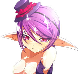 Rule 34 | 1girl, blush, breasts, clam curry, cum, cum on body, cum on breasts, cum on hair, cum on upper body, demon girl, lamica, long pointy ears, pointy ears, purple eyes, purple hair, queen&#039;s blade, queen&#039;s blade spiral chaos, short hair, solo, demon girl