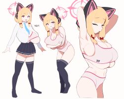 Rule 34 | 1girl, aged up, alternate breast size, animal ear headphones, animal ears, armpits, arms behind head, arms under breasts, arms up, bare shoulders, black thighhighs, blue archive, blush, bra, breast hold, breast slip, breasts, cat ear headphones, cat ears, closed eyes, closed mouth, commentary, english commentary, fake animal ears, full body, gya rb, halo, headphones, highres, huge breasts, long hair, long sleeves, looking at viewer, momoi (blue archive), multiple views, navel, necktie, one breast out, open mouth, panties, pink bra, pink halo, pink panties, school uniform, short hair, simple background, smile, standing, thighhighs, underwear, underwear only, white background