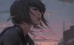 Rule 34 | 1girl, animal, bird, black eyes, black feathers, black hair, black jacket, building, cityscape, close-up, feathers, flock, from side, guweiz, highres, jacket, lips, original, outdoors, parted lips, ribbon, short hair, skyscraper, solo, sunset, wind
