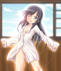 Rule 34 | 10s, 1girl, ;d, asashio (kancolle), backlighting, black hair, blue sky, breasts, collarbone, day, eyebrows, female focus, glowing, grey eyes, groin, indoors, kantai collection, lens flare, long hair, looking at viewer, naked shirt, one eye closed, open mouth, partially visible vulva, see-through, shirt, sky, sleeves past wrists, small breasts, smile, solo, standing, tamayan
