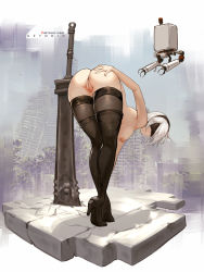 Rule 34 | 1girl, anus, artist name, ass, ass grab, aztodio, bent over, black thighhighs, blindfold, boots, breasts, censored, cleft of venus, facing viewer, hairband, hand on own ass, high heel boots, high heels, highres, huge ass, mole, mole under mouth, mosaic censoring, nier (series), nier:automata, nipples, nude, parted lips, pod (nier:automata), pussy, ruins, shiny skin, short hair, silver hair, solo, sword, thigh boots, thighhighs, thighhighs under boots, tiptoes, weapon, 2b (nier:automata)