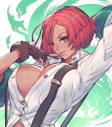 Rule 34 | 1girl, arm up, blue eyes, brazil, breasts, brown gloves, cleavage, collared shirt, dark skin, dark-skinned female, fingerless gloves, giovanna (guilty gear), gloves, guilty gear, guilty gear strive, large breasts, lips, oro (sumakaita), partially unbuttoned, red hair, shirt, short hair, solo, suspenders, white shirt