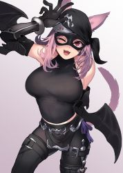 Rule 34 | 1girl, animal ears, arm up, warrior of light (ff14), bandana, bat wings, black gloves, black pants, black shirt, breasts, cat ears, cat tail, cowboy shot, elbow gloves, fake wings, final fantasy, final fantasy xiv, ganesagi, gloves, gradient background, highres, kunai, large breasts, loincloth, looking at viewer, mask, medium hair, midriff, miqo&#039;te, one eye closed, open mouth, pants, pink hair, purple background, red eyes, salute, shirt, simple background, sleeveless, smile, solo, tail, taut clothes, thigh strap, weapon, wings