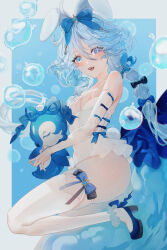 Rule 34 | 1girl, absurdres, air bubble, alternate costume, animal ears, artist name, bare shoulders, blue background, blue eyes, blue footwear, blue hair, blush, border, breasts, bubble, criss-cross halter, detached sleeves, fake animal ears, furina (genshin impact), genshin impact, hair ribbon, halterneck, high heels, highres, knee up, leg up, leotard, light blue hair, long hair, looking at viewer, open mouth, playboy bunny, rabbit ears, rabbit tail, ribbon, shei99, skindentation, small breasts, solo, surintendante chevalmarin, tail, teeth, thighhighs, upper teeth only, wavy hair, white border, white leotard, white sleeves, white thighhighs