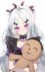 Rule 34 | 1girl, absurdres, doodle sensei (blue archive), black bow, blue archive, blush, bow, character doll, closed mouth, commentary request, dress, grey hair, hair bow, hair ornament, heart, heart hair ornament, highres, hina (blue archive), horns, long hair, hugging object, parted bangs, puffy short sleeves, puffy sleeves, purple dress, purple eyes, sensei (blue archive), short sleeves, simple background, solo, sugar (dndi888), two side up, upper body, very long hair, white background