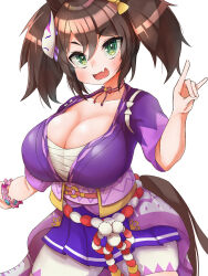 Rule 34 | 1girl, animal ears, breasts, brown hair, ear ornament, fox mask, green eyes, highres, horse ears, horse girl, horse tail, inari one (umamusume), large breasts, looking at viewer, mask, mask on head, nagyiiie, open mouth, oppai loli, smile, tail, twintails, umamusume