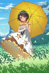 Rule 34 | 1girl, absurdres, alternate costume, bare arms, bare shoulders, blue eyes, brown hair, commentary request, dress, flower wreath, head wreath, highres, holding, holding umbrella, hololive, kurokan (kokkyou oudan), layered dress, long dress, looking at viewer, off-shoulder dress, off shoulder, oozora subaru, short hair, sl10 d, solo, swept bangs, umbrella, virtual youtuber, white dress, yellow dress