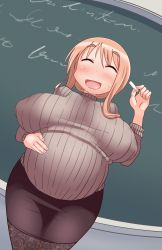 Rule 34 | 1girl, absurdres, black pantyhose, blush, breasts, breasts apart, brown hair, chiden, closed eyes, highres, large breasts, matsumoto yoriko, open mouth, pantyhose, pregnant, smile, solo, sweater, yuyushiki