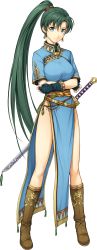 Rule 34 | 1girl, absurdres, artist request, bare legs, boots, breasts, crossed arms, dress, earrings, female focus, fingerless gloves, fire emblem, fire emblem: the blazing blade, fire emblem heroes, full body, gloves, green eyes, green hair, highres, jewelry, knee boots, leg up, long hair, looking at viewer, lyn (fire emblem), matching hair/eyes, medium breasts, nintendo, official art, pelvic curtain, ponytail, side slit, smile, solo, standing, sword, transparent background, very long hair, weapon, yamada koutarou