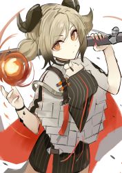 Rule 34 | 1girl, arknights, azuazu 0405, black choker, black dress, blonde hair, choker, coat, cowboy shot, demon horns, dress, fire, hand up, highres, holding, holding weapon, horns, ifrit (arknights), material growth, nail polish, orange eyes, oripathy lesion (arknights), red nails, short hair, short twintails, simple background, solo, twintails, weapon, white background, white coat